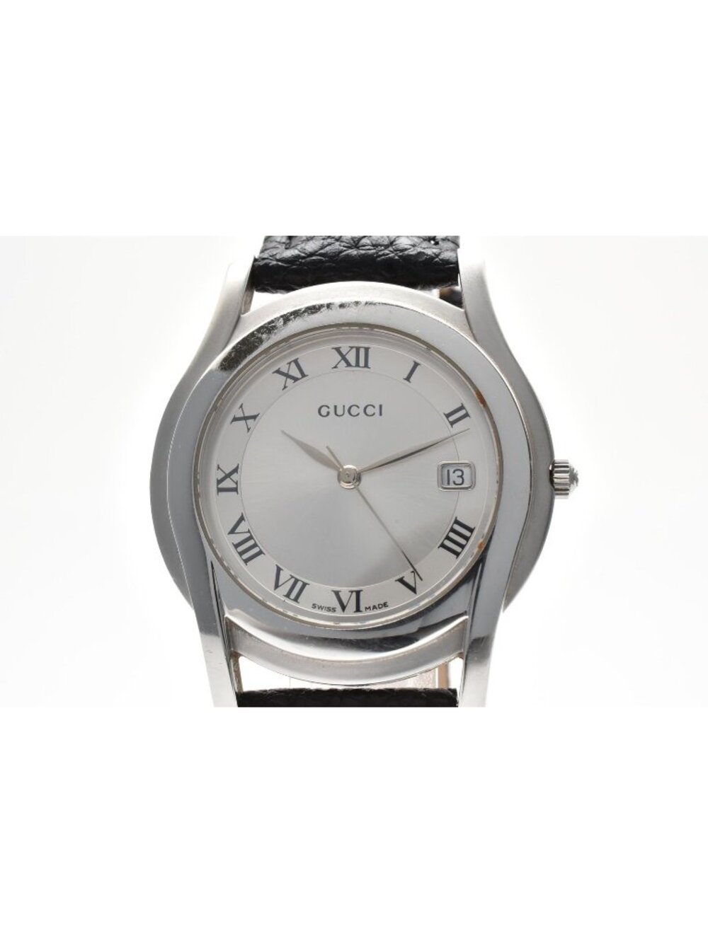 Gucci Quartz Watch Silver Dial Roman Numeral Date Display Stainless Steel Black